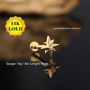 14K Gold 16G winziger Stern flache Rückseite Labret / acht spitze Stern Tragus Ohrringe / Helix Ohrstecker / Muschelohrring / Knorpelstecker / Muttertag