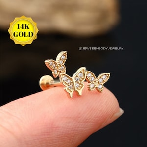 14K Gold Flat Back Earring,16G Cartilage,Helix Stud,Tragus,Conch Piercing Jewelry,Titanium Labret Stud,Butterfly Lip Piercing Jewelry