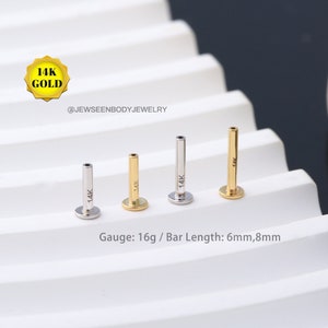 Stud de espalda plana push-in sin rosca de oro macizo de 14K/parte de barra de labret de 16G/oro blanco de 14K/barra de perno de espalda plana/regalos de San Valentín para ella
