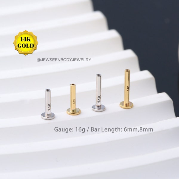 14K Solid Gold Threadless Push-In Flat Back Stud/16G Labret Bar Part/14K White Gold/Flat Back Stud Bar/Valentines Gifts for her