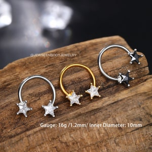 Anel de septo estrela 16G/brinco Daith de zircônia cúbica/brinco de argola dourada estrela/perfuração de cartilagem preta/aro de nariz/aro de septo/tragus, brinco,