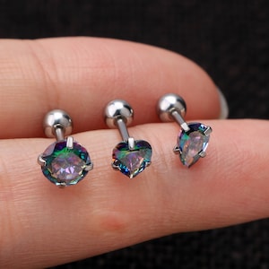 16G Cartilage Earring,Iridescent CZ Helix Earring,Teardrop Tragus Piercing Jewelry,Helix Stud,Minimalis,Conch Earring,Gift for Her
