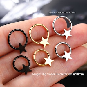 16G Star Hinged Segment Ring,Hinged Clicker,Nose Ring Hoop,Cartilage Earring,Helix,Tragus,Conch,Daith Piercing Jewelry,Seamless Hoop Earring