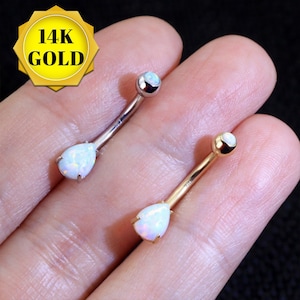 14K ゴールド ティアドロップ へそリング/合成オパール へそリング/へそリング/ピアスジュエリー/へそバーベル/彼女へのバレンタインギフト