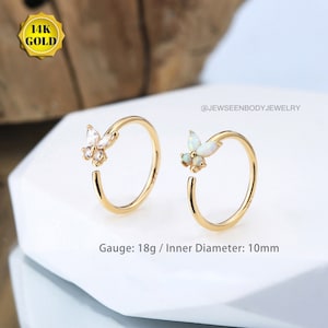 14K Solid Gold Nose Ring/CZ Opal Cartilage Hoop/Nose Hoop/Helix Hoop/Tiny Gold Daith Hoop/Tragus Hoop/Conch Hoop/Christmas Gift/Black Friday