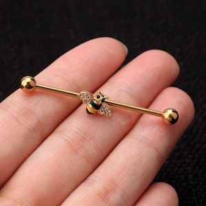 Dainty Bee Industrial Barbell/Gold Industrial Ring/Industrial Piercing/Industrial Bar/Industrial Jewelry/14G Barbell/Black Friday/Christmas