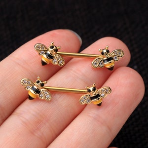 Bee Nipple Ring/Nipple Barbell/Nipple Piercing/Yellow Epoxy Nipple Clamp/CZ Nipple Jewelry/Sexy Body Piercing/Christmas Gift/Black Friday