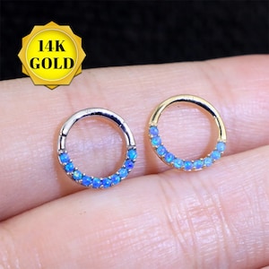 14K Gold Opal Klapp Segment Ring, Knorpel Hoop, Septum Piercing Schmuck, Blaue Helix Piercing Schmuck, Daith Ohrring, Nase Hoop,Septum Clicker