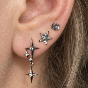 16G Implant Grade Titanium Flat Back Earrings • CZ Starfish & Star Dangle Cartilage Studs • 6mm Helix Ear Stack • Set or Single
