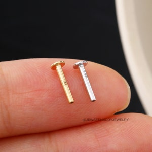 Op de afbeelding: Twee neusstuds, een gouden en een zilveren, worden getoond op een vinger. Beide studs zijn aan &eacute;&eacute;n kant plat en hebben aan de andere kant een kleine, ronde, platte top. De gouden stud is gemarkeerd met "14K" en de zilveren stud is gemarkeerd met "14K".