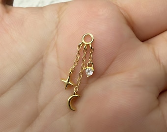 Star Moon O-Ring Charm, 925 Sterling Silver Dangle for Earrings, Celestial Ear Chain, Cartilage Earring Connector, Jewelry Attachment
