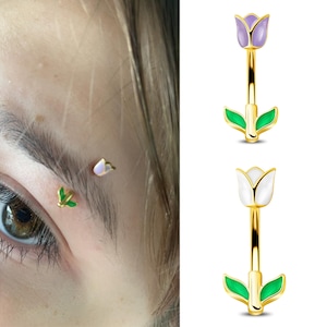 Pendiente de torre de tulipán de 16G/joyería perforadora de torre/pendiente de cartílago/pendiente de torre de oro/joyería de torre de oro/barra curvada de flores/regalo para ella