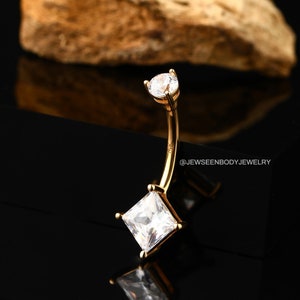 14K Gold Cube Belly Button Ring/Navel Piercing/Square Navel Ring/CZ Belly Ring/Belly Barbell/Body Piercing Jewelry/valentines gifts for her