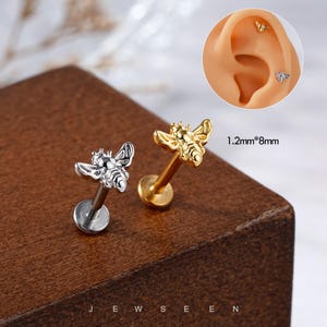16G Cute bee Cartilage Stud/Internally Threaded Earrings/Heart Flat Back Earrings/Helix Jewelry/Conch/Tragus/Medusa Stud