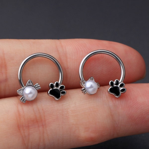 Bague Pearl Cat Paw Septum / 16g Nose Ring Hoop / Daith Earring / Helix Piercing / Tragus Jewelry / Cartilage Earring / Valentines Cadeaux pour elle