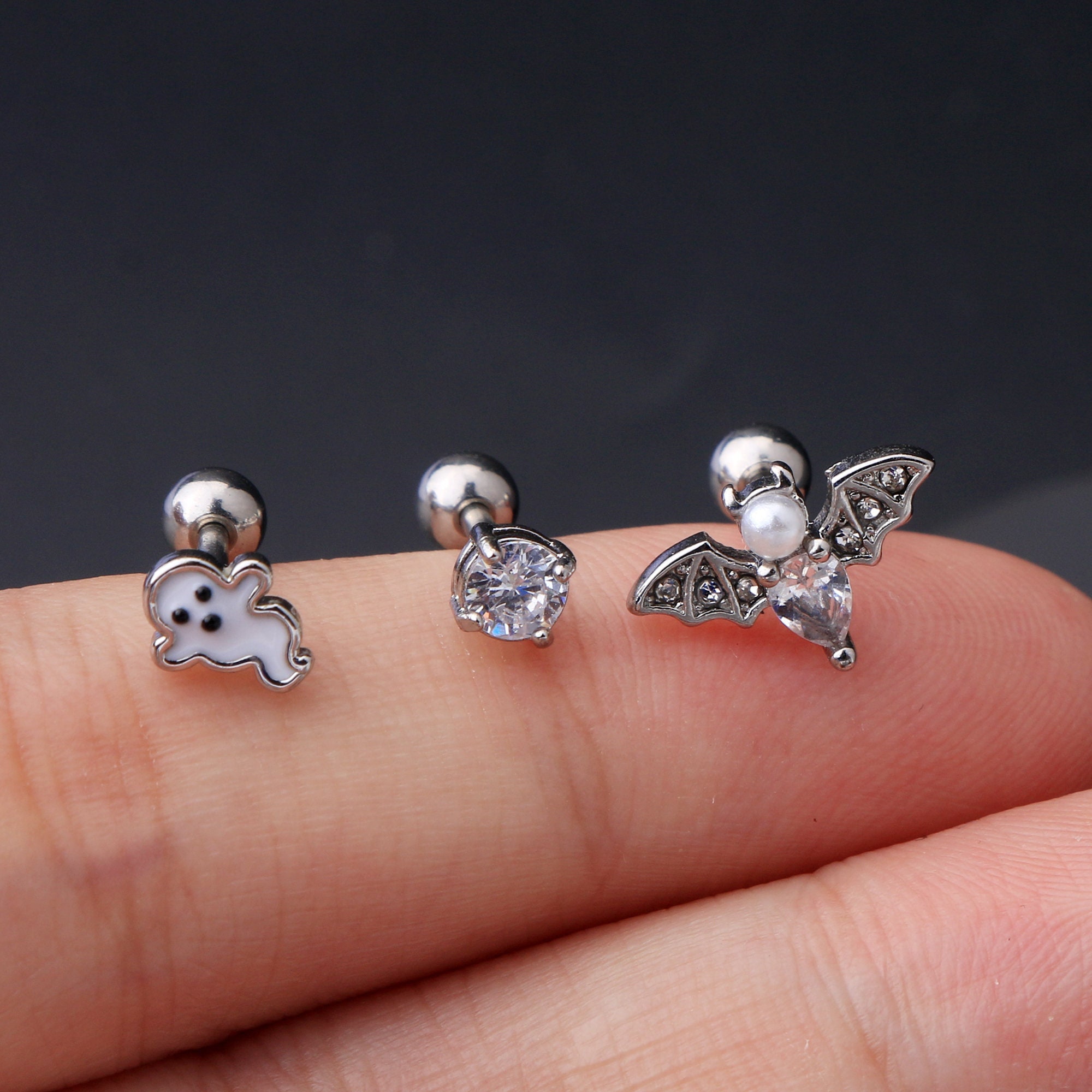3PCS Halloween Cartilage Earring Set: Ghost, Bat, Zircon Studs