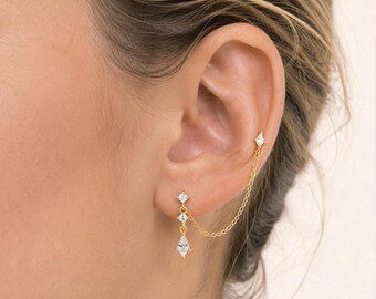 Double Piercing Earrings, Connected Dainty Cartilage Lobe Jewelry, Sterling Silver Dangling Earrings, Stacking Earrings for Double Piercings