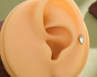 Rainbow Marquise CZ Threadless Push-In Cartilage Stud 18G 8mm, Dainty Iridescent Helix Tragus Conch Piercing Jewelry
