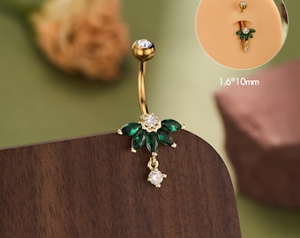 Emerald Flower Dangle Belly Button Ring • 14G 10mm Curved Bar Navel Piercing Jewelry