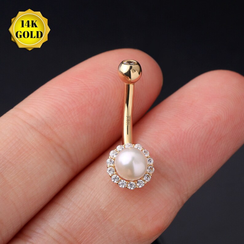 14K Gold Belly Button Rings Pearl Navel Rings /curved Barbell Etsy