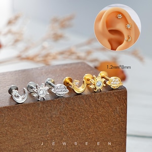 16G Star Moon Planet cartilage earrings/Labret Stud/Flat Back Earrings/Hellix/Medusa/Lip Piercing/Cute Earrings/Internal Threaded/Flat back
