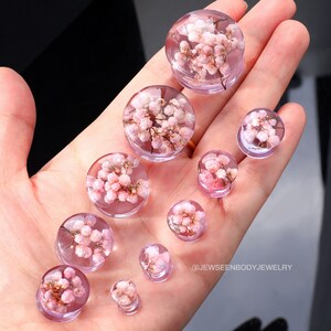 May include: A set of eight clear acrylic ear gauges with pink dried flowers encased inside. The gauges are of varying sizes and are displayed on a hand.