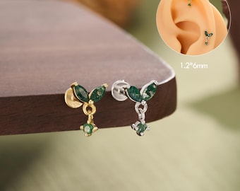 Natural Moss Agate Dangle Cartilage earring • 16G Dainty Helix Tragus Cartilage Piercing, flatback stud