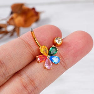 14g Blume Nabel Ring/Bauch Ring/Bauchnabel Piercing/Blüte Bauch Ring/Diamant Nabel Schmuck/bunte Blume Bauch Ring
