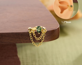 14K Gold Plated Teardrop Moss Agate Conch Piercing, Chain Hoop Earring, Layered Jewelry, Conch earrings, 925 Sterling Silver