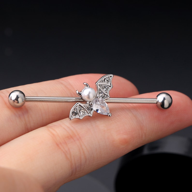 Pearl Bat Industrial Barbell: 14G Gem Stainless Steel Piercing
