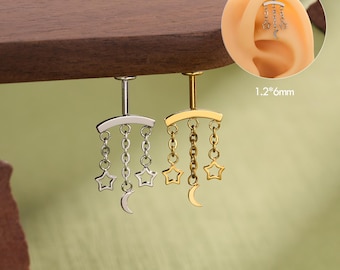 Star Moon Tassel Threadless Push-In Vertical Helix Cartilage Stud, Dainty Celestial Piercing Jewelry
