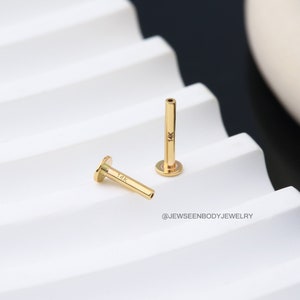 Op de afbeelding: Twee gouden 14 karaat barbell studs, elk met een platte ronde basis en een lange, rechte schacht. De studs liggen op een wit oppervlak.