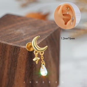 16G Moon Dangle gemstone cartilage earrings/Labret Stud/Flat Back Earrings/Hellix/Medusa/Lip Piercing/Cute Earrings/Internal Threaded
