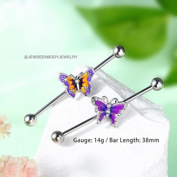 Boucles D'Oreilles Piercing Industriel Papillon CZ Scintillant – Acier Inox 316L Doré 14G, Tragus, Hélix, Cartilage, Tendance Et Hypoallergénique