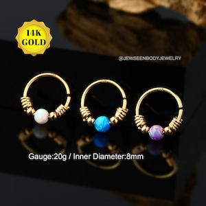 14K Gold Opal Nose Ring Hoop,20G Nose Piercing Jewelry,Tiny Cartilage Earring,Hoop Earring,Daith Piercing Jewelry,Tragus,Helix,Conch Earring