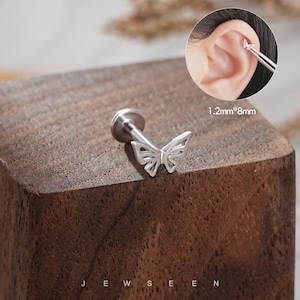 16G Silver butterfly Cartilage Earring/internal threaded Earrings/Flat Back Earrings/Helix Jewelry/Conch/Tragus/Medusa Stud/helix earring