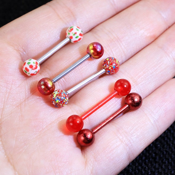 5PCS Tongue Ring cherry Painting Tongue Piercing Jewelry tongue Barbell nipple Ring tongue Bar straight Barbell christmas Gift black Friday Etsy