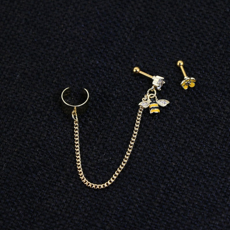 16G Cartilage Chain Earrings Ear Cuff Double Piercing Earrings Etsy