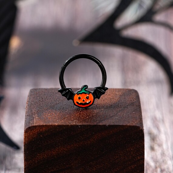 Halloween Pumpkin Septum Ring: Gothic Jack O Lantern 16G Nose Hoop