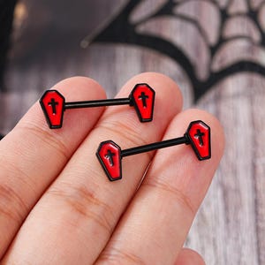 Red Coffin Nipple Barbell: 14G Surgical Steel Halloween Piercing