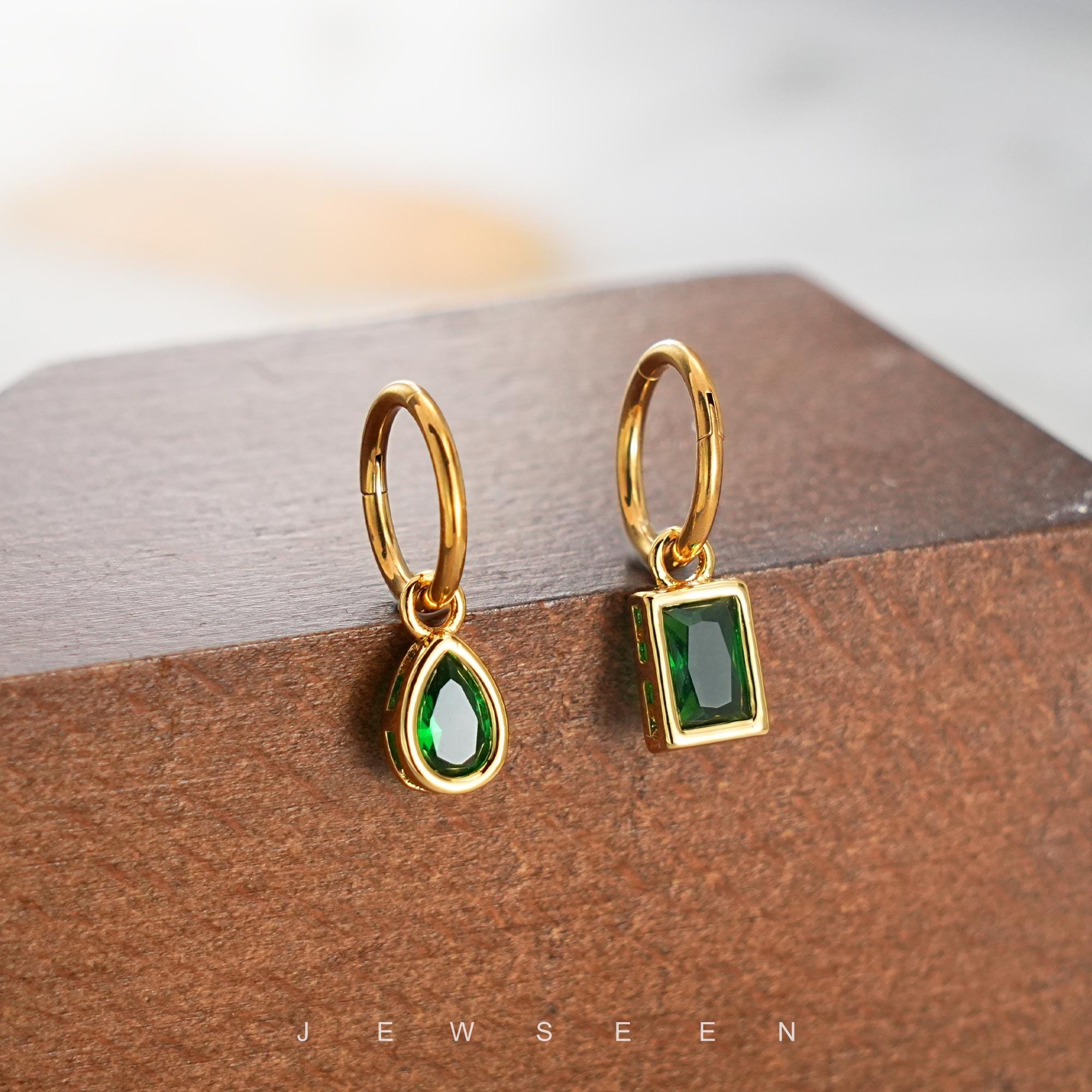 Dangle Hoop Rook Earing 16G Emerald Crystal Rook Piercing/dangle Rook Earrings/teardrop Huggie ...