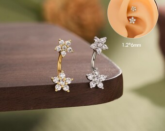 16G gold Flower Rook Earring/Curved Barbell/Eyebrow Ring/Daith Earring/Dangle Cartilage Earring/Tragus Piercing Jewelry/Gifts for her