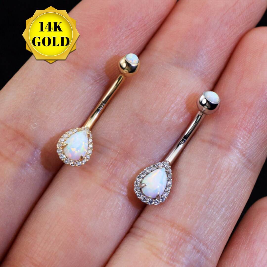 14K Gold Belly Button Ring/opal Belly Ring/cz Navel Ring/belly Button