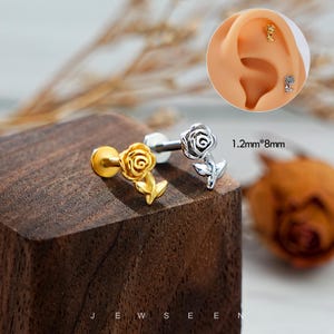 16G Cute rose Cartilage Stud/Internally Threaded Earrings/Heart Flat Back Earrings/Helix Jewelry/Conch/Tragus/Medusa Stud