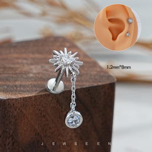 16G Sun Dangle Cartilage Stud/Dangle Internally Threaded Earrings/Heart Flat Back Earrings/Helix Jewelry/Conch/Tragus/Medusa Stud