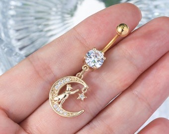 Gold Moon Cat Belly Button Ring/Dainty Delicate Belly Ring/Elegant Celestial Star Belly Rings/Unique Cute Navel Belly Button Jewelry