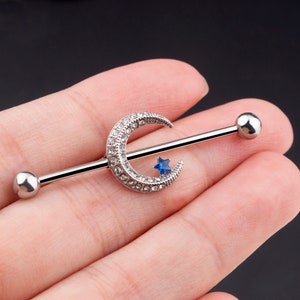 Joia piercing industrial 14g, anel industrial, barra industrial estrela da lua, brinco de andaime, brinco de cartilagem, piercing de orelha dupla, presente