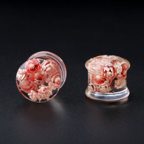 1 Pair Shiny 3D Rose Flower Ear Plugs - Acrylic Double Flare Gauges Saddle Tunnels 1 thumbnail image