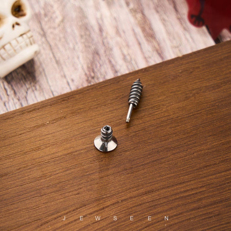 May include: Two silver screws, one disassembled, rest on a wooden surface. The screw heads are flat and circular, with a central hole. The other screw has a spiral design. The word "JEW SEEN" is at the bottom of the image.