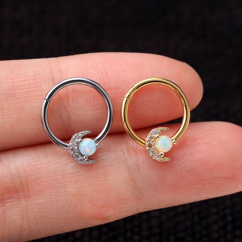 Hinged Segment Ring Moon Opal Daith Earring 16g Helix Jewelry/ Tragus Jewelry/Cartilage Hoop/Nose Ring Hoop/Gift For Her/Septum Clicker 